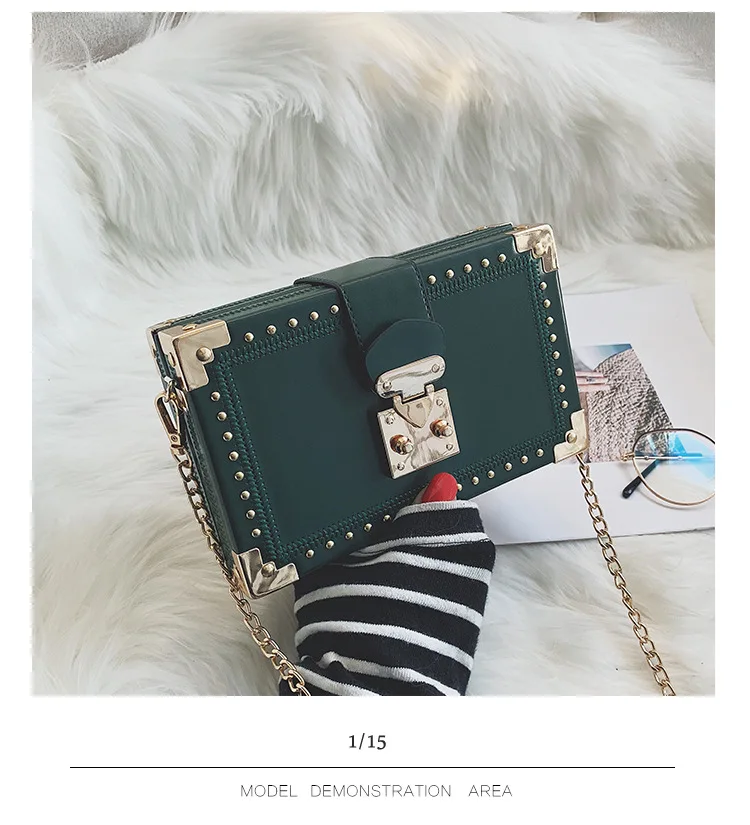 Fashion Vintage Rivet Designer Bag Box Style Buckle PU Women Clutch Bag Chain Purse Shoulder Bag Crossbody Small Flap Handbag