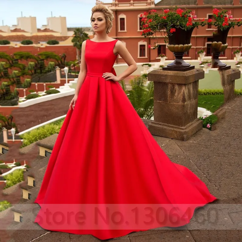 

Red Satin A-line Sleeveless Wedding Dress Jewel Neckline Open Back Bridal Dress Bow vestido de novia