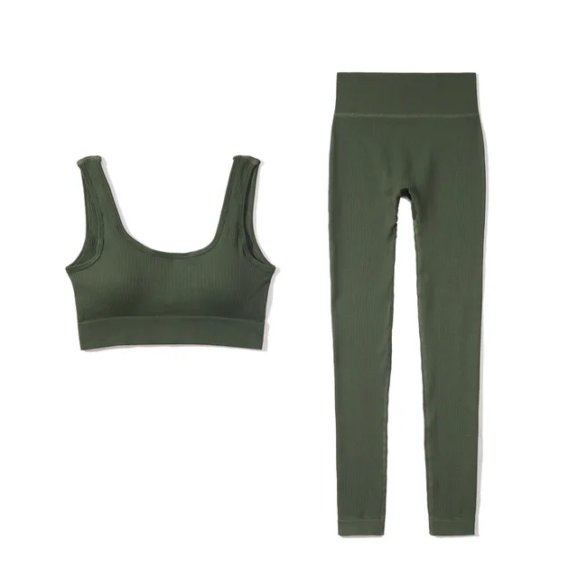 BURGUNDY 2 Piece Set Ribbed Seamless Outfits Yoga Leggings Fitness Wear Womens Sports Bra Gym Pants Workouts Scoop Notch CARAMEL Green scoop