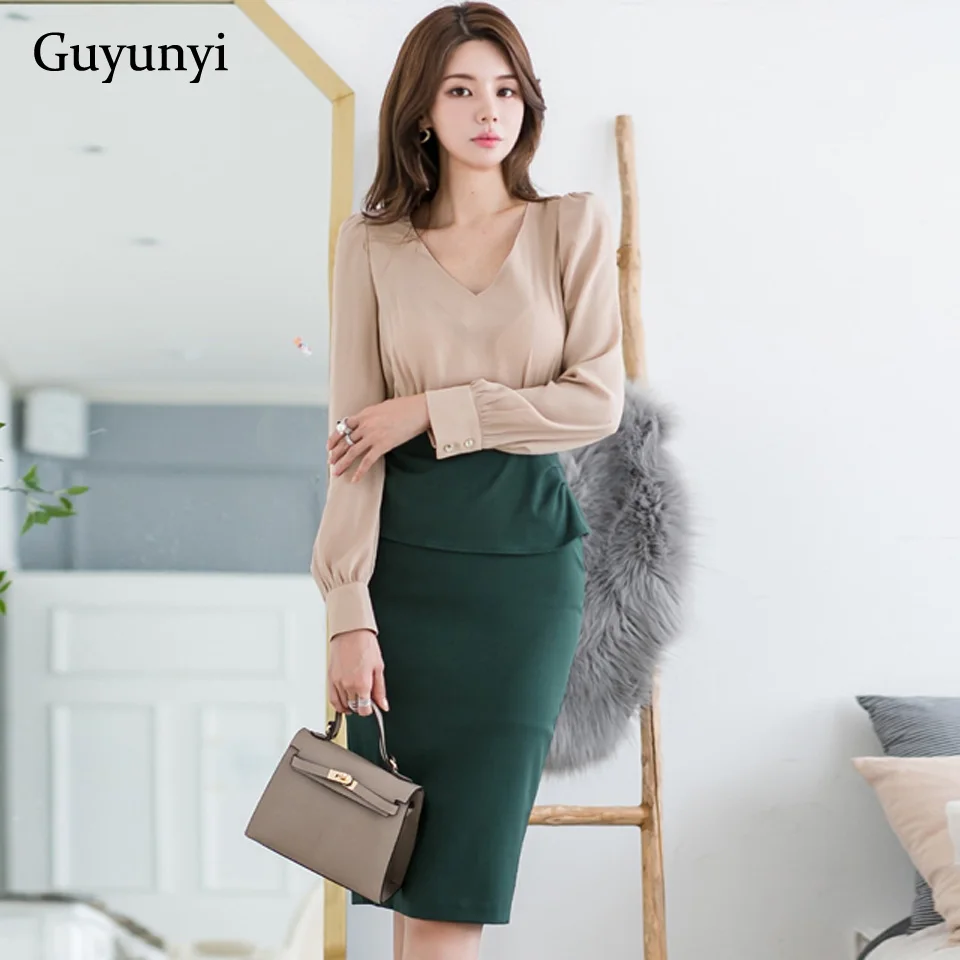 

Elegant Office Lady Dress Autumn High Waist Slim Solid Color Stitching Long Sleeve Temperament Pencil Party Dress Women