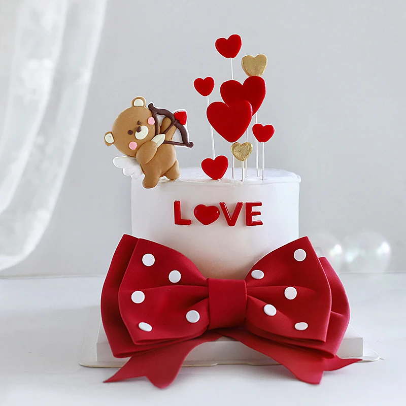 

Red Big Bow Angel Cupid Bear Hearts Love You Cake Topper for Valentine's Day Party Decorations Anniversary Love Gifts