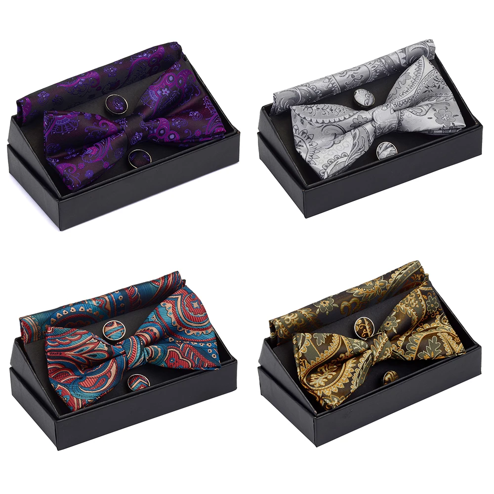 GUSLESON Men's Bow Tie Set Paisley Floral Bow tie Pocket square Cufflinks With Gift Box For Man Gold Red For Wedding