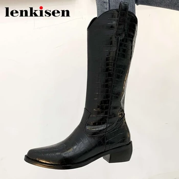 

Lenkisen genuine leather pointed toe med heel western boots office lady daily wear slip on convenient cozy knee-high boots L03