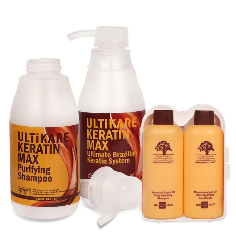 Free Argan Hair Care Gift Set+300ml 5% Formalin Brazilian Keratin Treatment+300ml Purifying Shampoo Straighten Normal Cruly Hair