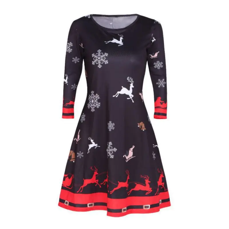 

Women Winter Printed Christmas Dress plus size O-Neck A-Line Xmas Eve Reindeer Snowflake Santa Party Dresses vestidos s-3xl #25