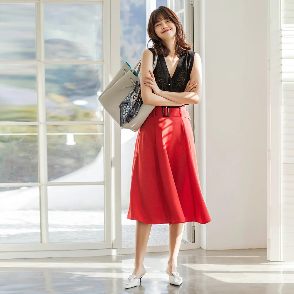 

Vintage Midi One Piece Skirts Women Loose Solid High Waist Lace Up Chiffon Skirts Female 2020 Spring Summer