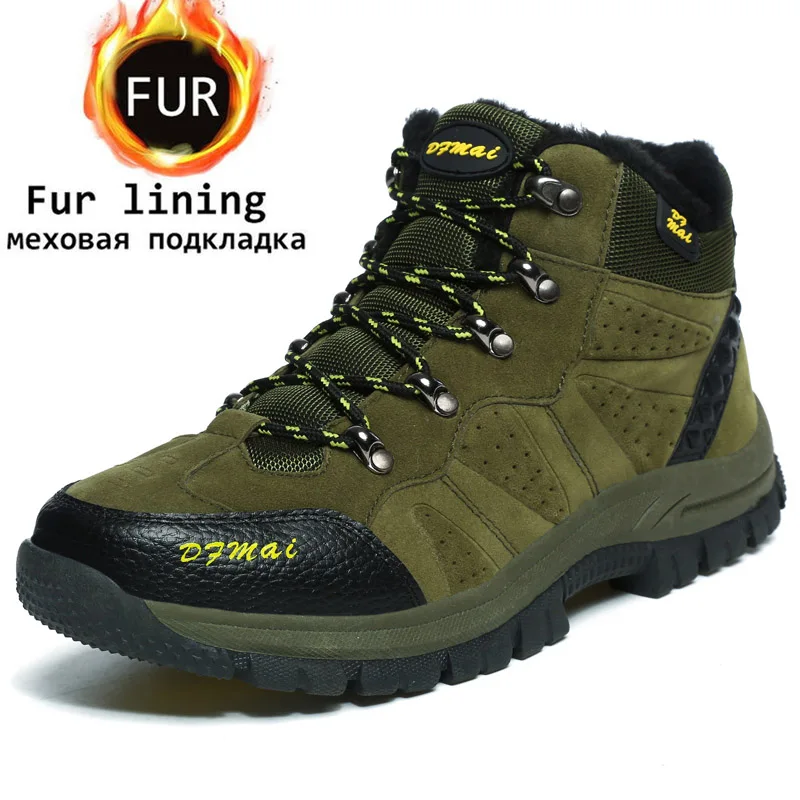 green with fur Зимние походные ботинки для мужчин и женщин водонепроницаемые походные сапоги теплые высокие горные альпинистская обувь горный туризм Охота обувь - Цвет: green with fur