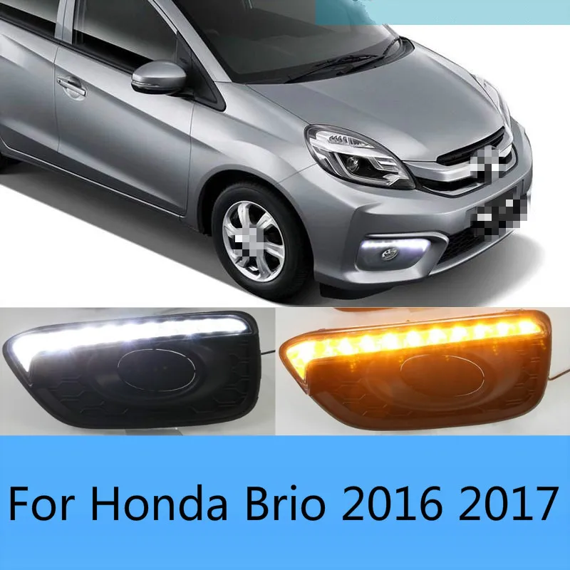 

1Pair DRL Car 12V LED Daytime Running Light Fog Lamp cover daylight For Honda Brio 2016 2017 ABS with Yellow turn signal