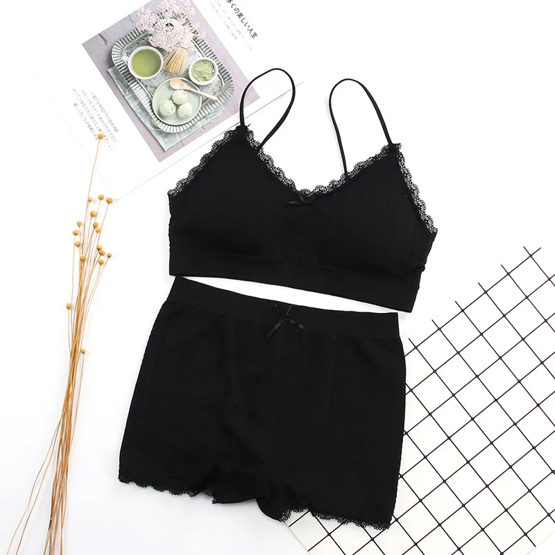 ATHVOTAR Kvinnor Underkläder Set Spets Kostym Sexig Ärmlös Tube Top Kvinna Solid Underkläder Boyshort Trosor_voghion.com