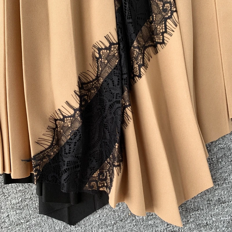 Женская юбка кружевная Лоскутная Осенняя эластичная трапециевидная юбка с высокой талией, Плиссированные Юбки-миди с большими оборками в японском стиле Харадзюку, Женская юбка Falda LS146