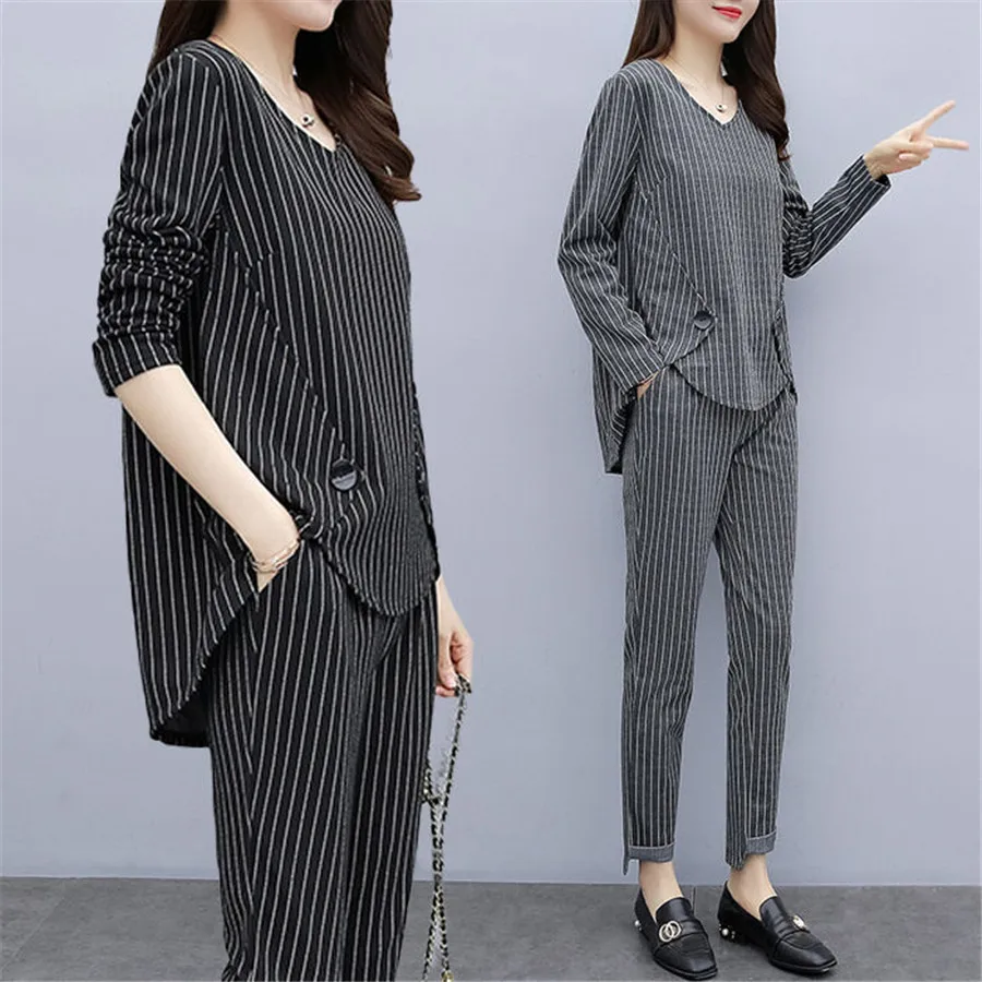 

2019 top and pants autumn outfits tracksuit women long sleeve and pants striped print ensemble femme