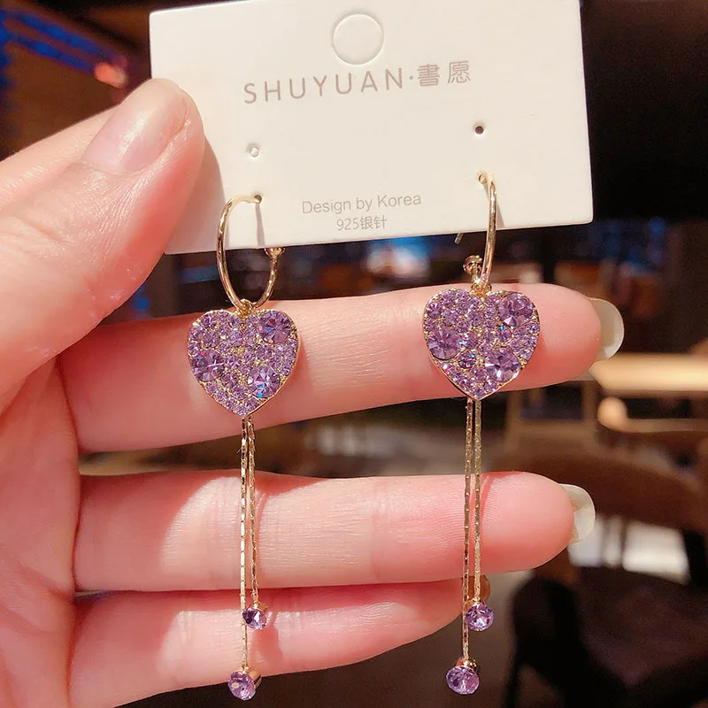 Drop-Earrings Gifts Geometric Love Jewelry Purple Heart Korean Womens New-Fashion