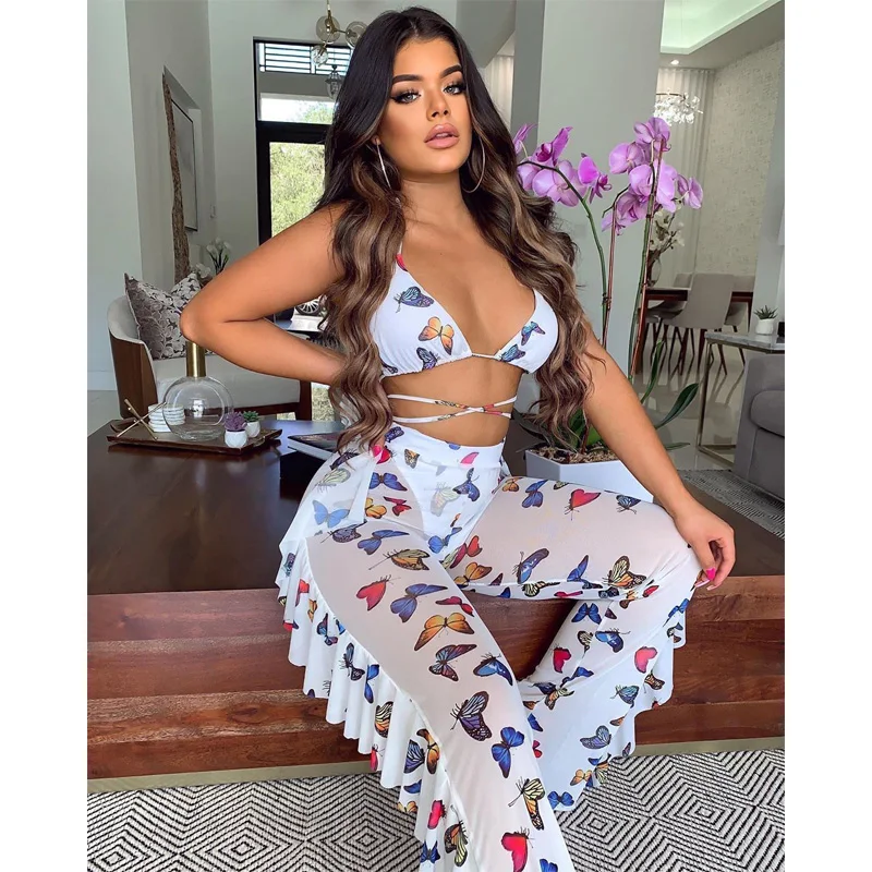 Sujetador de playa para mujer, pantalones transparentes con cuello en V profundo, estampado de mariposa, holgado, de malla, conjuntos de dos piezas, ropa de playa