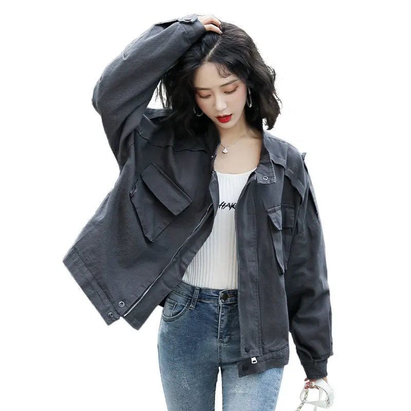 

2021 Spring Autumn Korea Fashion Women Long Sleeve Stand Collar Loose Short Coat Double Pocket Cotton Casual Jackets V586