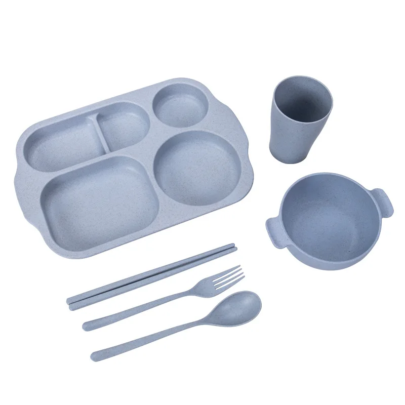 

6pcs/set Plastic Wheat Straw Cutlery Set Children's Grid Plate Dish Tableware Set with Bowl Spoon Chopsticks Fork Cup Bowl