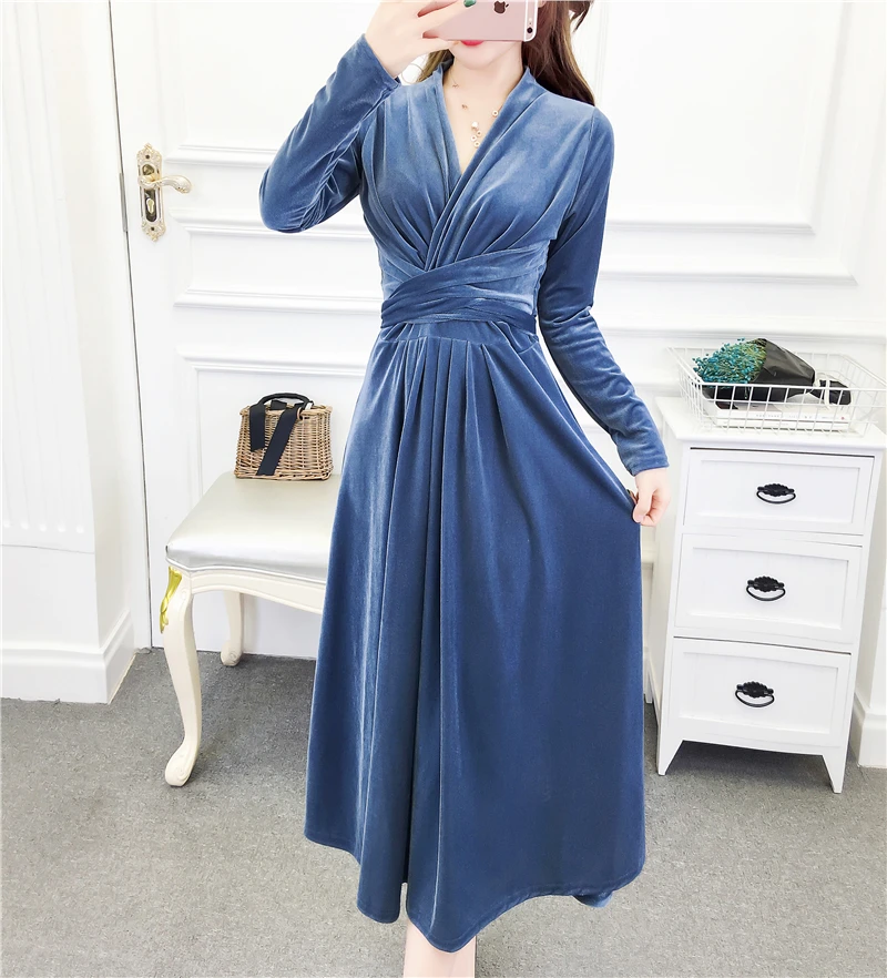 Осенние женские бархатные крест v образный вырез на шее Платье женское