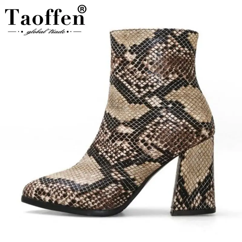 Taoffen/женские ботильоны модные теплые зимние ботинки на высоком каблуке со змеиным принтом Повседневная обувь на толстом каблуке с мехом женская обувь, размер 32-43