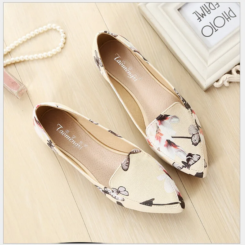 Fashion printing pointed toe loafers women flat heel shoes casual shoe woman Plus size 33-43