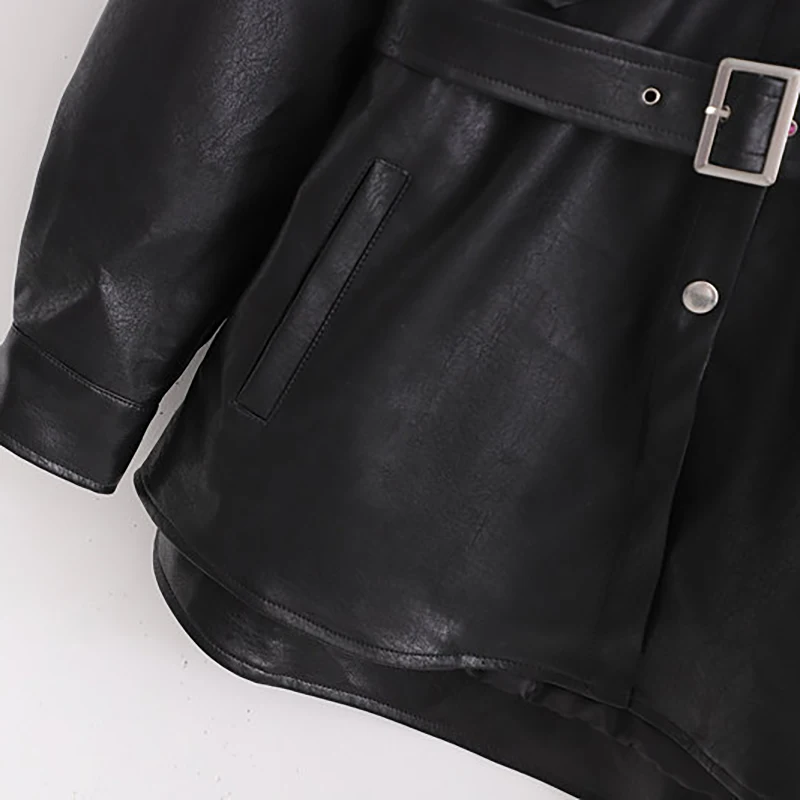 Faux Leather Jackets Women Fashion PU Black Coat Elegant Belt Waist Pockets Buttons Female Coats Streetwear Ladies Jackets