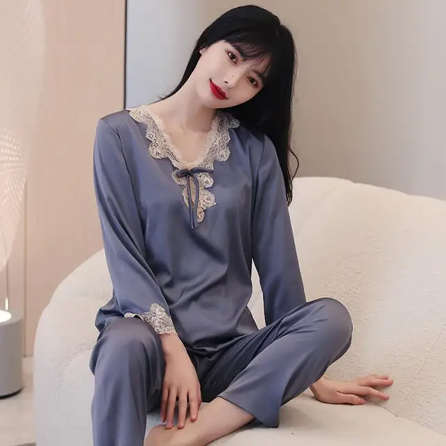 Lace Pj's 2PCS Sleepwear Women Satin Pajamas Suit Summer Pyjamas Casual Intimate Lingerie Long Sleeve Shirt&Pants Lounge Wear Gray C