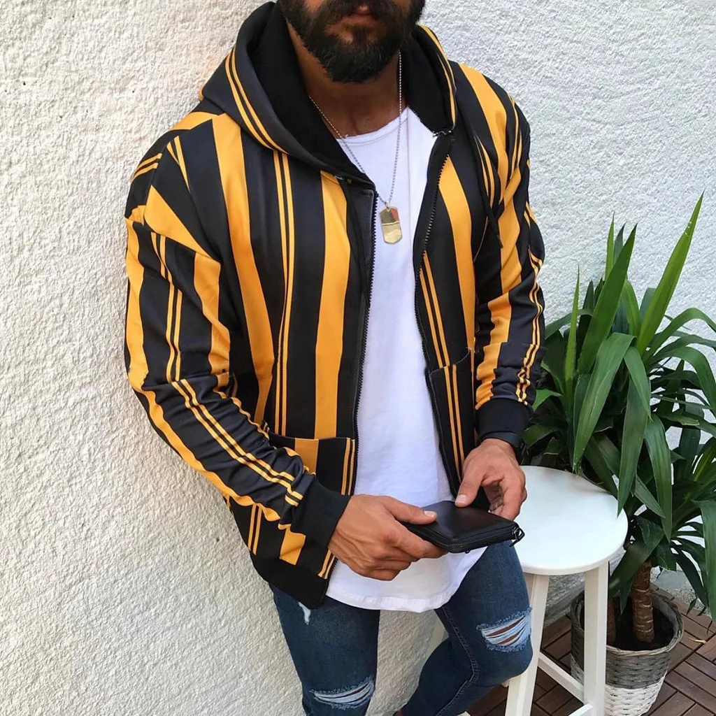 

Nice Winter Spring Striped Zipper Pocket Hoodie Jacket Men Fleece Warm Slim Hooded Coats Casual Hoody Jackets Male Outerwear