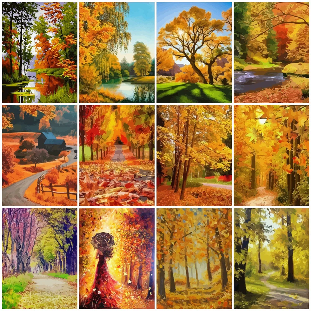 

HUACAN Oil Painting By Number Autumn Landscape HandPainted Kits Drawing Canvas Coloring Pictures Paint Home Decoration