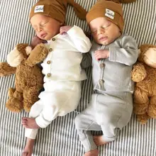 Трикотажный топ с длинными рукавами для новорожденных девочек и мальчиков, штаны, леггинсы, одежда, однотонные комплекты для малышей на пуговицах