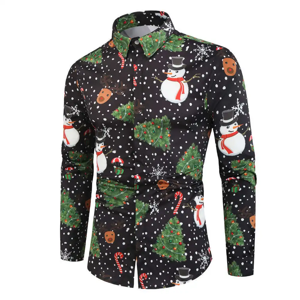 

2019 Autumn And Winter New Style Hot Selling Europe And America Men's Digital Christmas Snowman Printed Casual Long-sleeved Shir