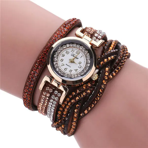 Fashion Casual Gold Quartz Women Rhinestone Watch Braided Leather Bracelet Watch Gift Ladies Wristwatch Relogio Feminino Gift 