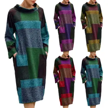

Hot Women Stand Collar Geometric Color Pockets Loose Midi Sweatshirt Dress Pockets Loose Midi Sweatshirt Dress Women Midi Dress