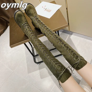 

2020 Women Over The Knee Boots 3cm High Heels Fetish Green Purple Lace Up Thigh Boots Stripper Winter Low Heels Plus Size Shoes