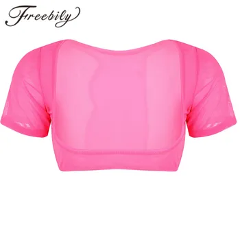 

Sexy Womens belly dance Stage Wear Clothes Soft Mesh See Through Crop Tops Sheer Open Bust Short Sleeve Belly Dance Crop Top