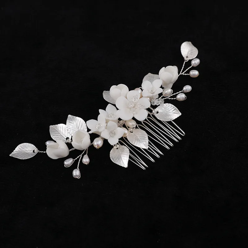 Floralbride Alloy Leaf Crystal Rhinestone Ceram Flower Freshwater Pearls Bridal Hair Comb Wedding Hair Accessories Women Jewelry
