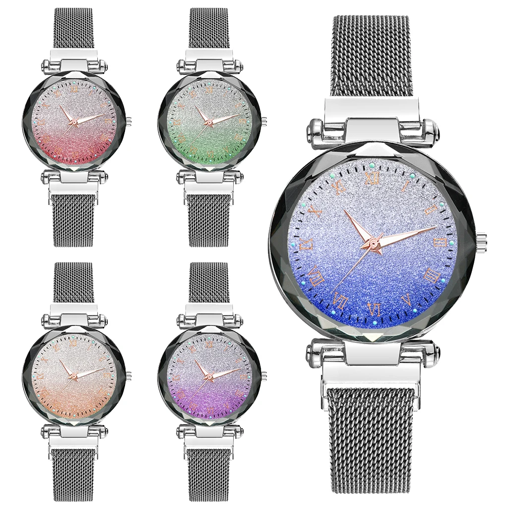 Женские с магнитом пряжка градиентного цвета звездное небо светящиеся часы ROMA роскошные женские кварцевые часы из нержавеющей стали