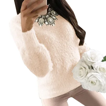

2019 Women Autumn Winter Fluffy Sweater Hairy Thick Warm Long Sleeve Pullover O Neck Solid Top
