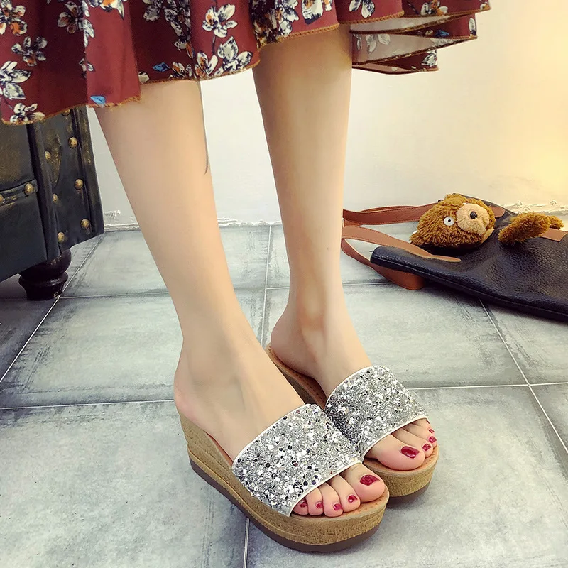 

2019 Summer New Style Korean-style Outer Wear Semi-high Heeled Slanted Heel Platform Waterproof Platform Sequin A- line Low-Cut