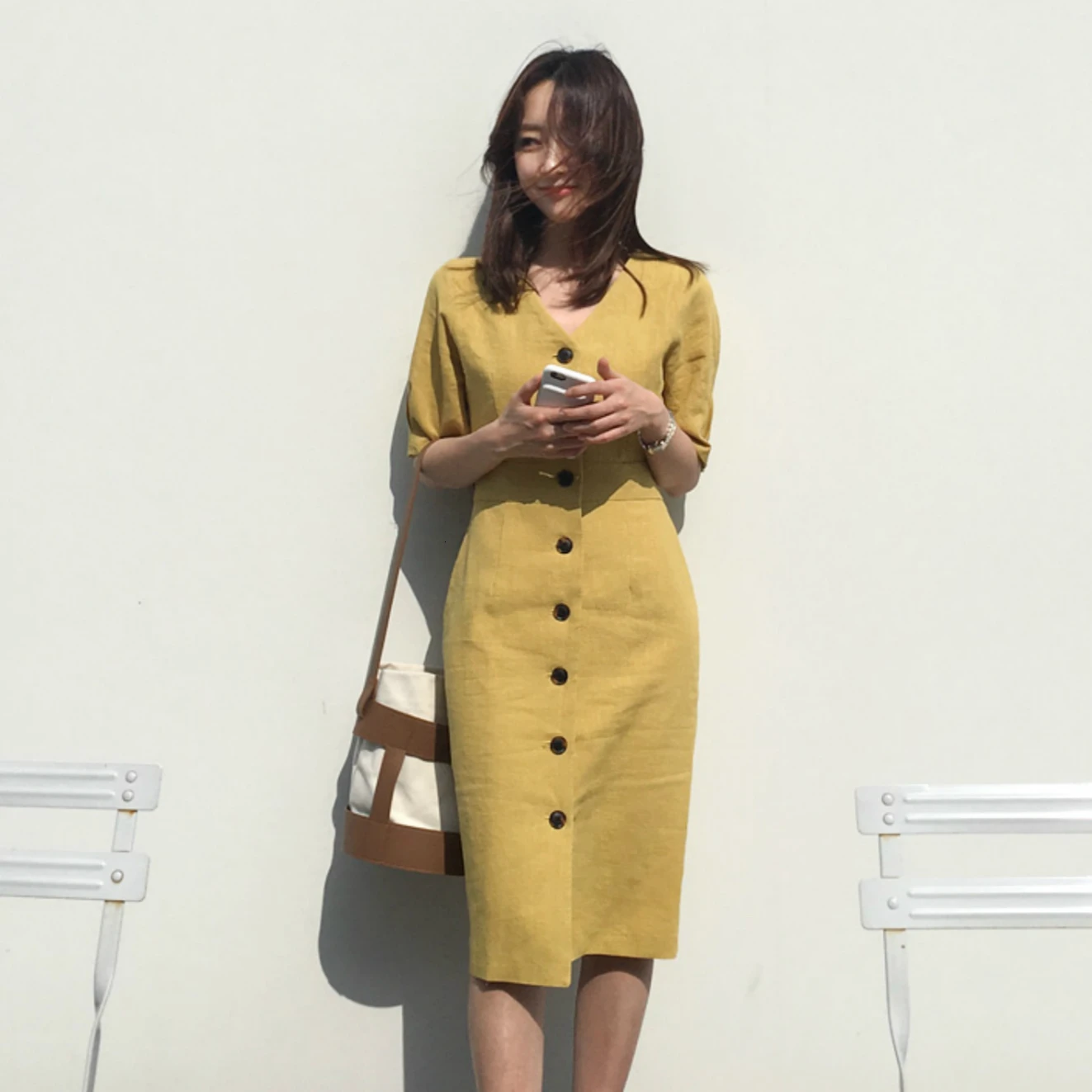 

Women Summer Bodycon Long Cotton Shirt Dress Ladies Yellow V Neck Vestidos High Waist Sexy Robe Femme Sukienki Vestiti Donna