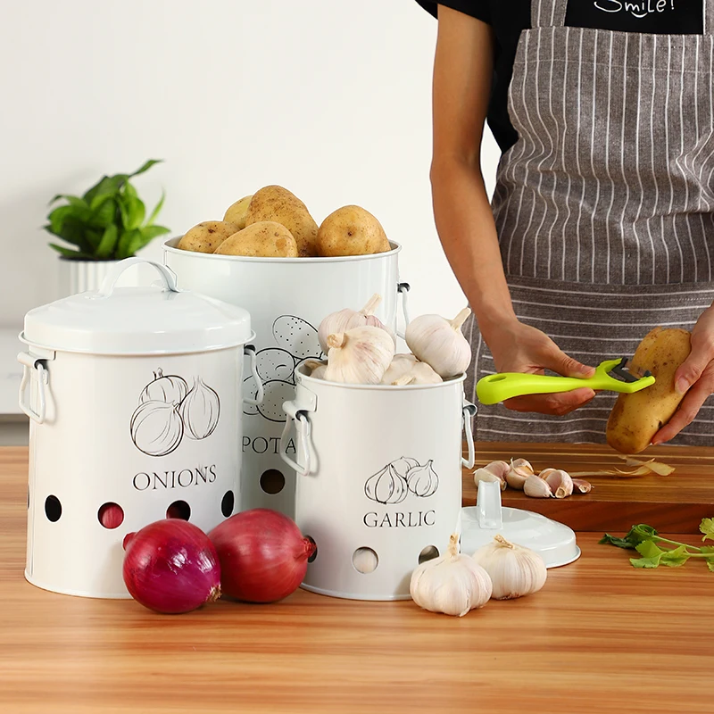  3 Pcs Storage Box Potatoes Onions Garlic Bin Kitchen Food Container White Buckets Breathable Metal  - 4000263043609