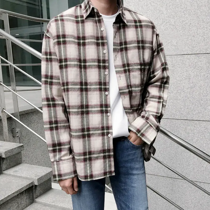 

Spring Plaid Shirt Men's Fashion Cotton Retro Casual Shirts Mens Streetwear Wild Loose Korean Long-sleeved Shirt Men M-2XL