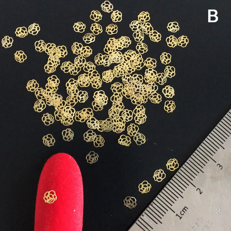 100 шт./лот, золотые металлические наклейки для ногтей, ультратонкие хлопья гвоздь, блестящие стразы, милые 3D украшения для дизайна ногтей, очаровательные заклепки для дизайна ногтей - Цвет: B