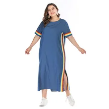 Платье большого размера с перекрестной каймой; летний стиль; свободные синие джинсовые длинные юбки; модное элегантное платье контрастного цвета с разрезом