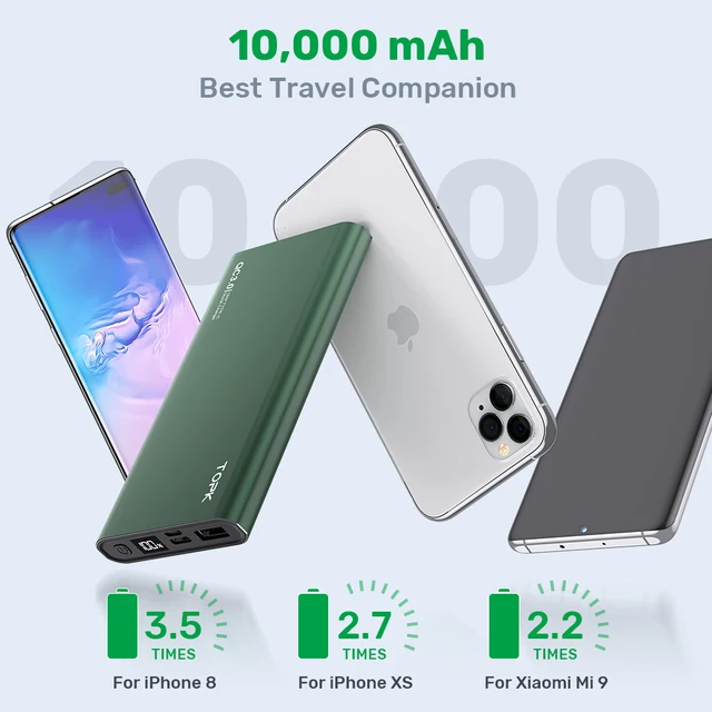 TOPK Power Bank 10000mAh Portable Charger LED External Battery PowerBank PD Two-way Fast Charging PoverBank for iPhone Xiaomi mi 6