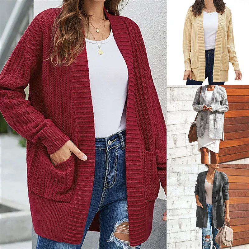 Кардиган Femme Manche Longue, женские свитера, зимняя трикотажная блузка с длинным рукавом и карманом, верхняя одежда, пальто Truien Dames Pull Femme Hiver