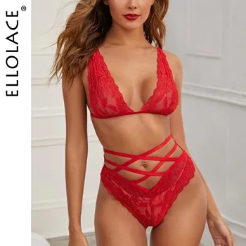 

Ellolace Lace Lingerie Deep-V Neck Women's Underwear Transparent Bra Set Red Lingerie Sexy Hot Erotic 2020 Sexy Bra Wholeslale