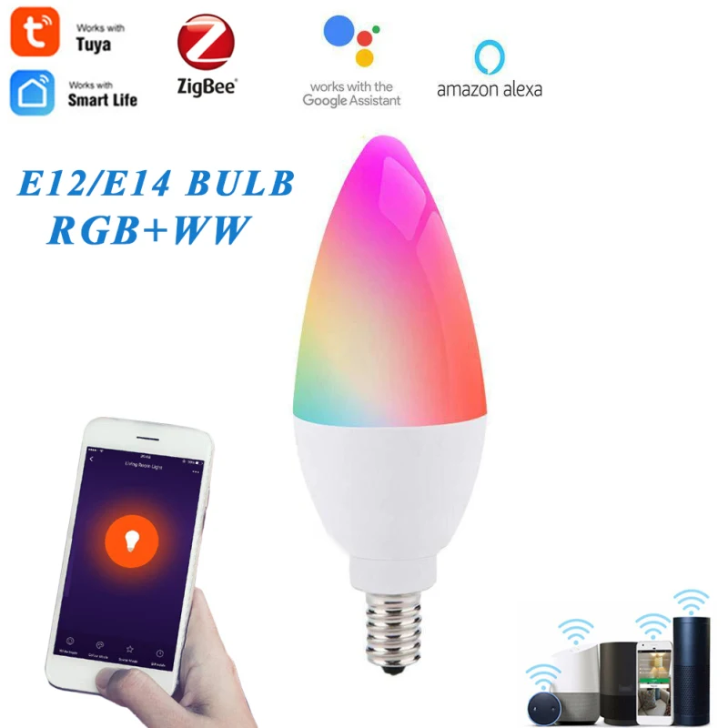 E12/E14 Tuya Zigbee 3.0 Smart Candle Bulb RGBCW 5W Dimmable LED Light