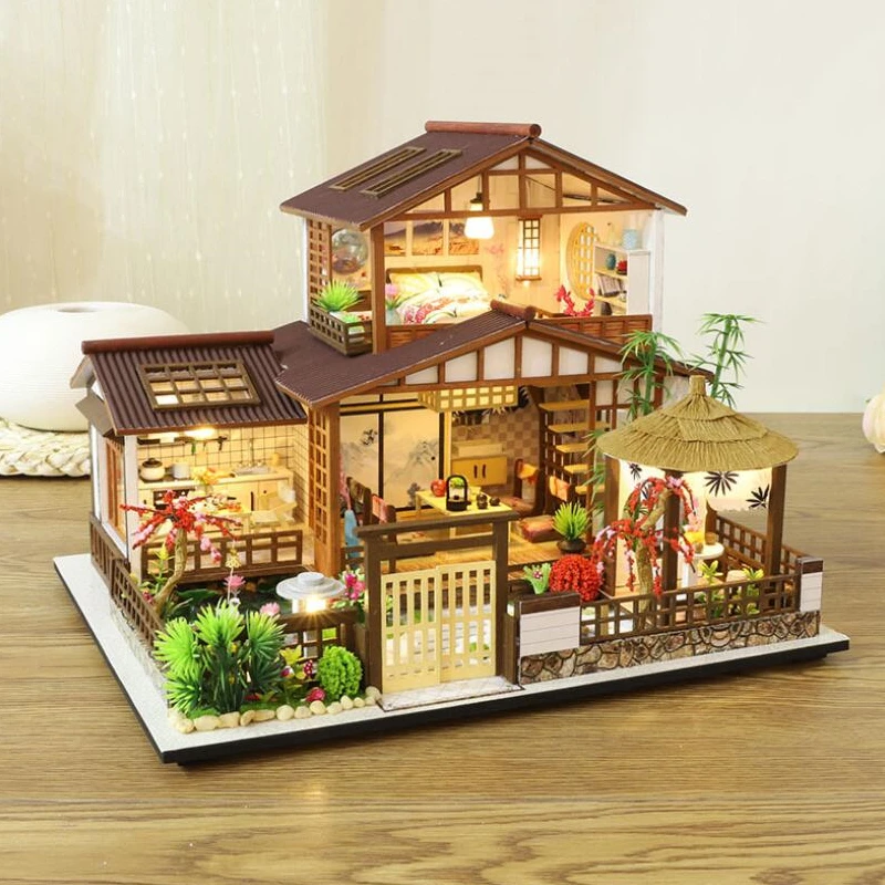 Chinese Style Diy Doll House Kit Handmade Miniature Furniture LED 