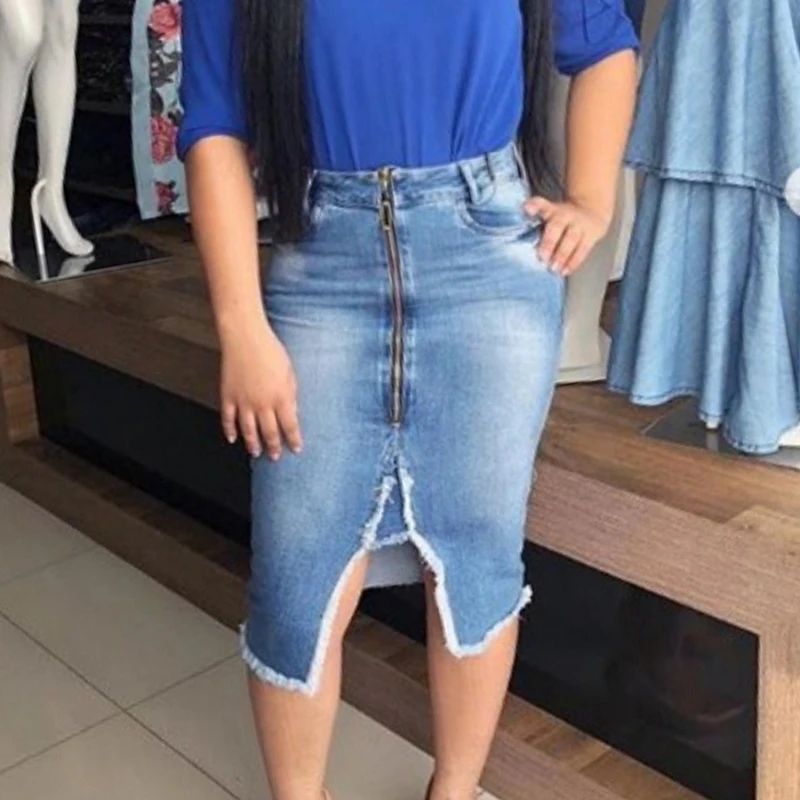 Женские Элегантные рубашки на молнии спереди сексуальные сплит Bodycon джинсовые юбки высокая талия Спецодежда карандаш джинсовые рубашки
