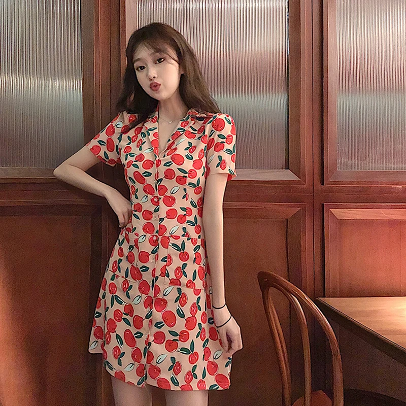 

summer dress Women new vintage notched fruit print vestidos robe femme fashion brand Korean style pockets ulzzang dresses hot