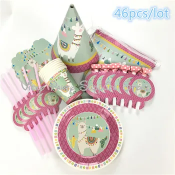 

46pcs/lot Cartoon Alpaca Cactus Disposable Tableware Kid Birthday Baby Shower Paper Plate Cup Flag Party Decoration Supplies