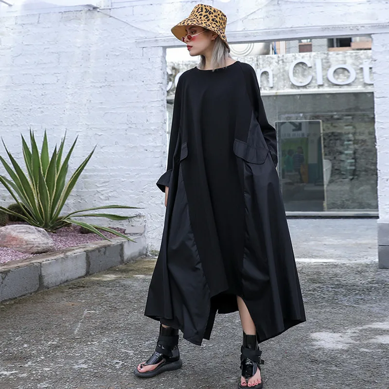 

Johnature Fashion Streetwear Plus Size Women Clothes Dresses 2019 Autumn New Irregular Patchwork Loose Pockets Dress